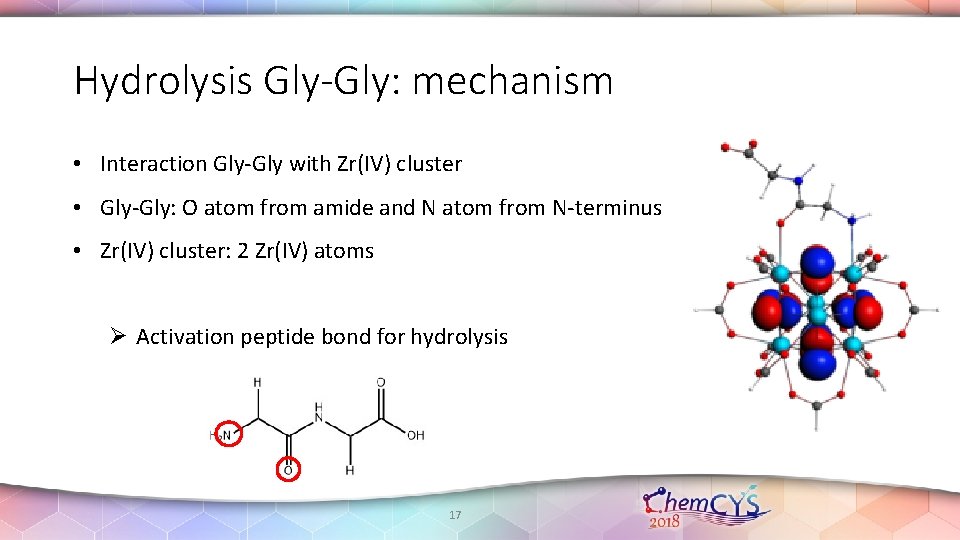 Hydrolysis Gly-Gly: mechanism • Interaction Gly-Gly with Zr(IV) cluster • Gly-Gly: O atom from Hydrolysis Gly-Gly: mechanism • Interaction Gly-Gly with Zr(IV) cluster • Gly-Gly: O atom from