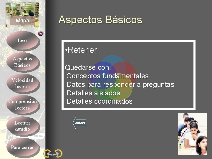 Mapa Aspectos Básicos Leer • Retener Aspectos Básicos Velocidad lectora Comprensión lectora Lectura estudio Mapa Aspectos Básicos Leer • Retener Aspectos Básicos Velocidad lectora Comprensión lectora Lectura estudio