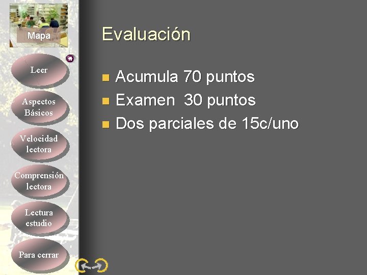 Mapa Leer Aspectos Básicos Velocidad lectora Comprensión lectora Lectura estudio Para cerrar Evaluación Acumula Mapa Leer Aspectos Básicos Velocidad lectora Comprensión lectora Lectura estudio Para cerrar Evaluación Acumula