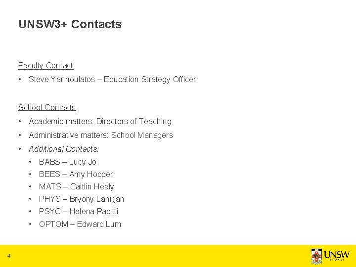 UNSW 3+ Contacts Faculty Contact • Steve Yannoulatos – Education Strategy Officer School Contacts