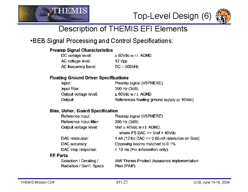 Top-Level Design (6) Description of THEMIS EFI Elements • BEB Signal Processing and Control