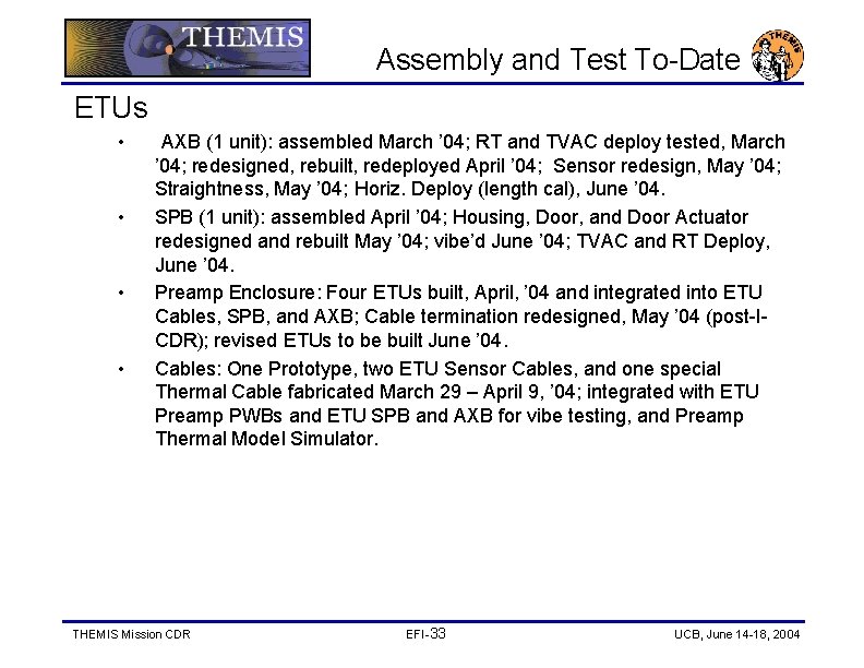 Assembly and Test To-Date ETUs • • AXB (1 unit): assembled March ’ 04;