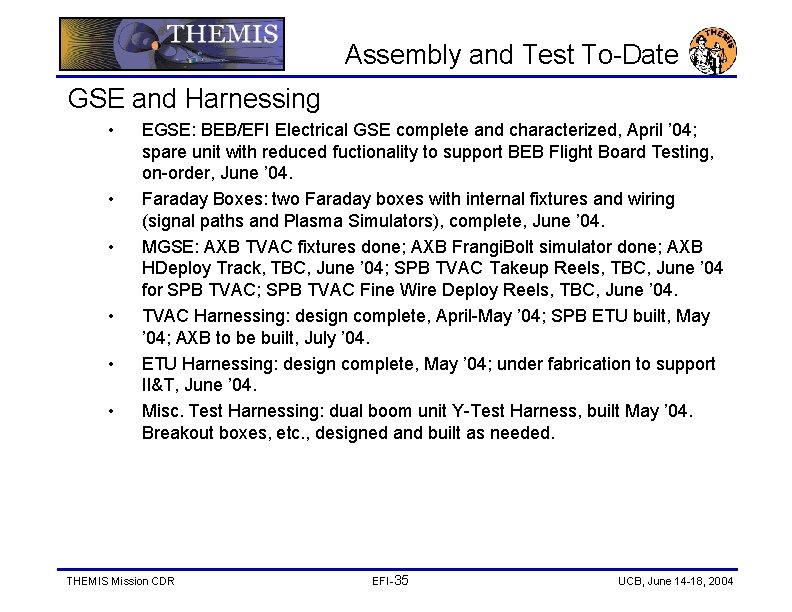 Assembly and Test To-Date GSE and Harnessing • • • EGSE: BEB/EFI Electrical GSE