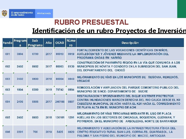 RUBRO PRESUESTAL Identificación de un rubro Proyectos de Inversión 