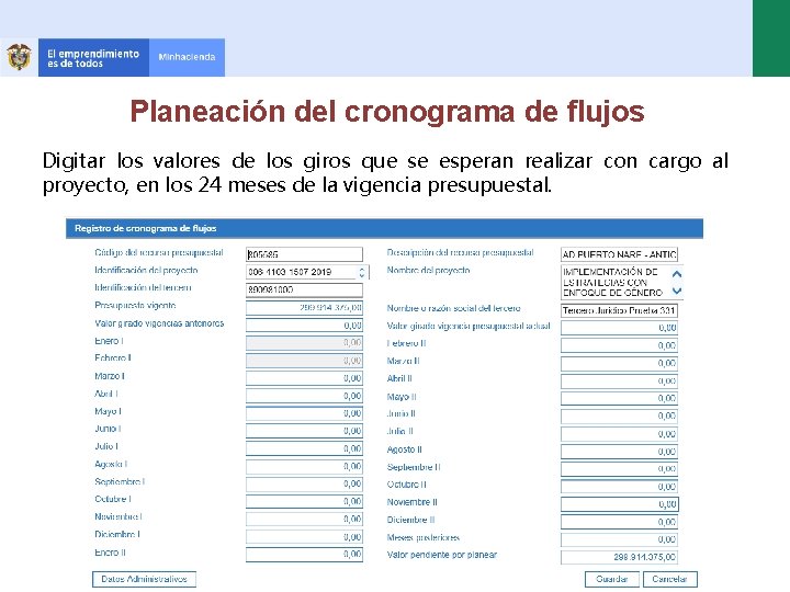 Planeación del cronograma de flujos Digitar los valores de los giros que se esperan