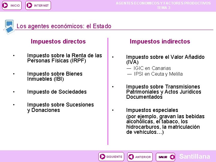 INICIO AGENTES ECONOMICOS Y FACTORES PRODUCTIVOS TEMA 3 INTERNET Los agentes económicos: el Estado