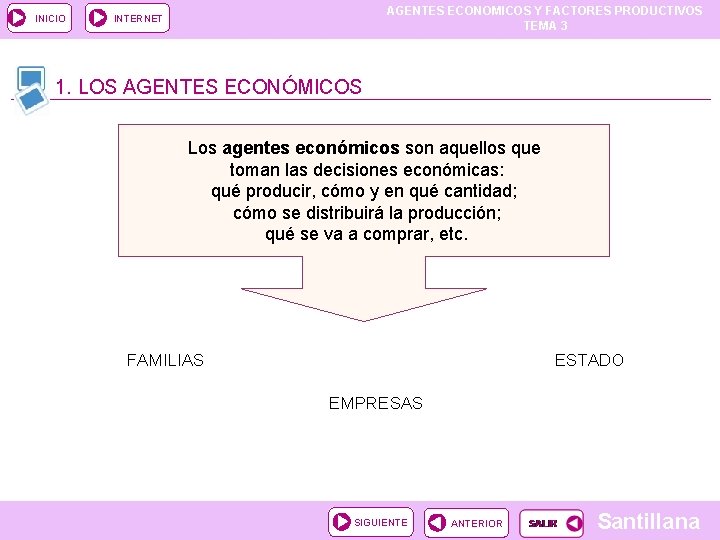 INICIO AGENTES ECONOMICOS Y FACTORES PRODUCTIVOS TEMA 3 INTERNET 1. LOS AGENTES ECONÓMICOS Los