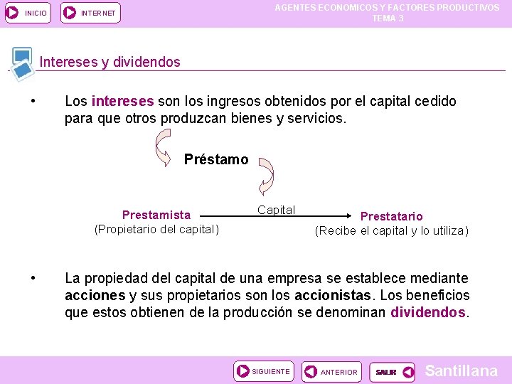INICIO AGENTES ECONOMICOS Y FACTORES PRODUCTIVOS TEMA 3 INTERNET Intereses y dividendos • Los