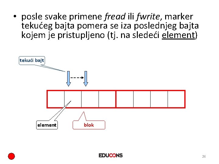  • posle svake primene fread ili fwrite, marker tekućeg bajta pomera se iza