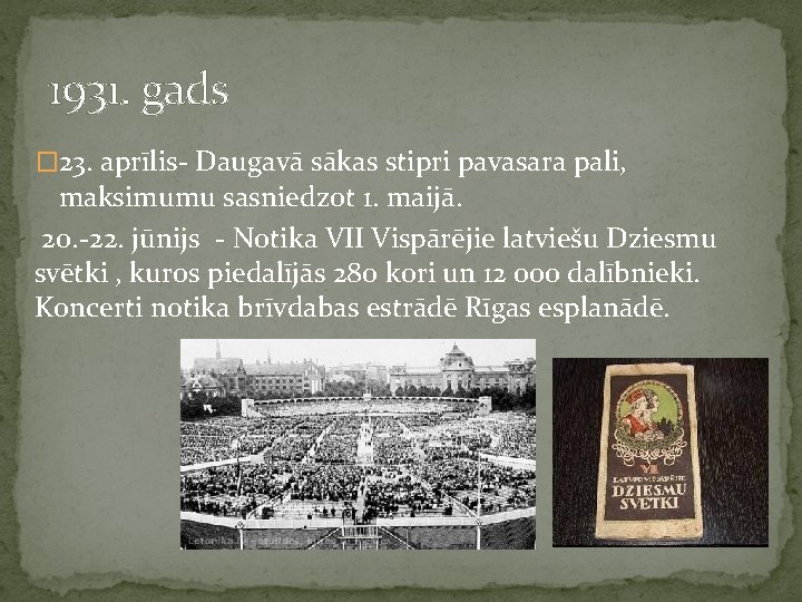 1931. gads � 23. aprīlis- Daugavā sākas stipri pavasara pali, maksimumu sasniedzot 1. maijā.