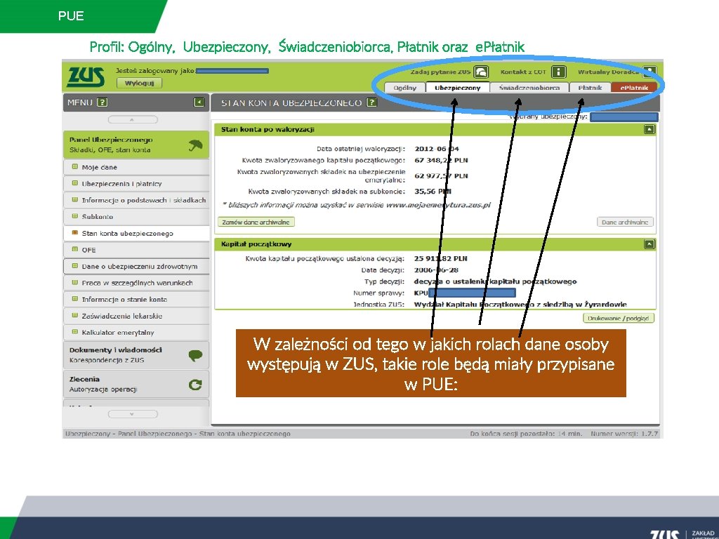 PUE Profil: Ogólny, Ubezpieczony, Świadczeniobiorca, Płatnik oraz e. Płatnik W zależności od tego w