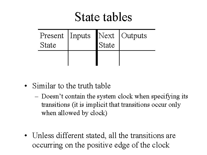 State tables Present Inputs State Next Outputs State • Similar to the truth table