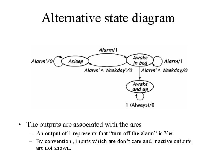 Alternative state diagram • The outputs are associated with the arcs – An output