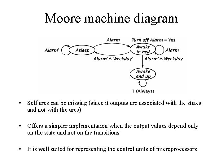 Moore machine diagram • Self arcs can be missing (since it outputs are associated