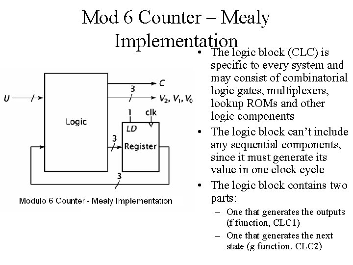 Mod 6 Counter – Mealy Implementation • The logic block (CLC) is specific to