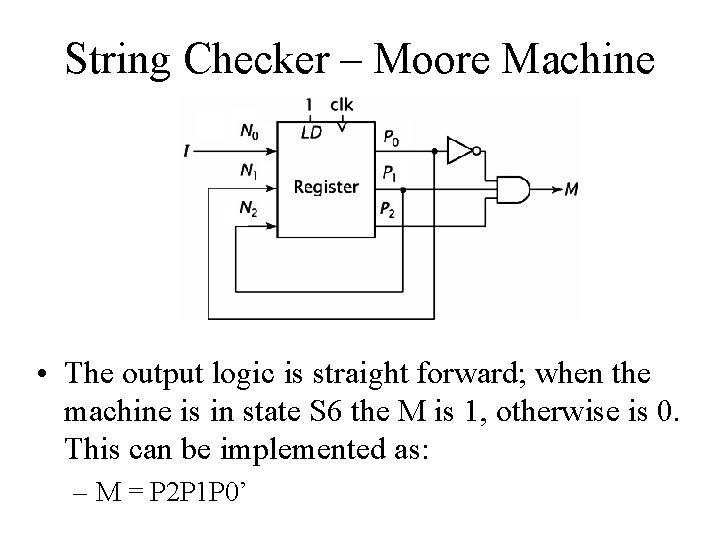 String Checker – Moore Machine • The output logic is straight forward; when the