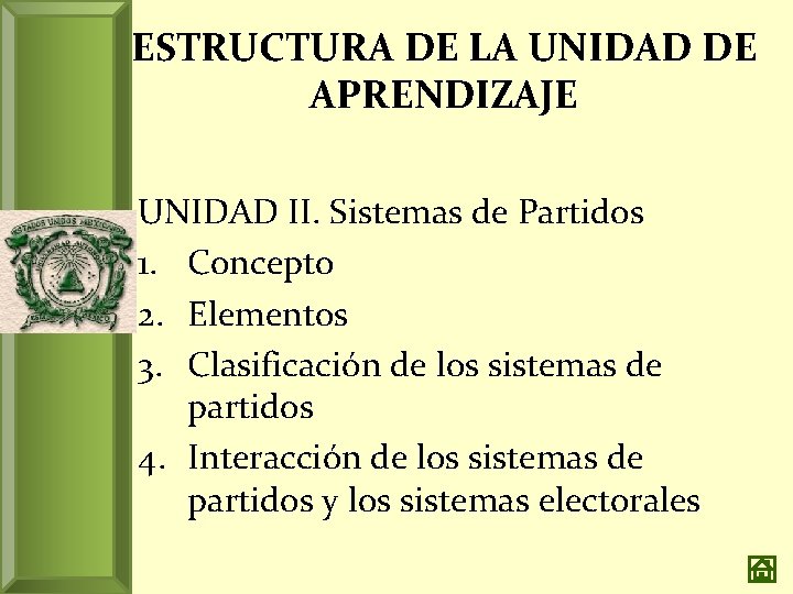 ESTRUCTURA DE LA UNIDAD DE APRENDIZAJE UNIDAD II. Sistemas de Partidos 1. Concepto 2.