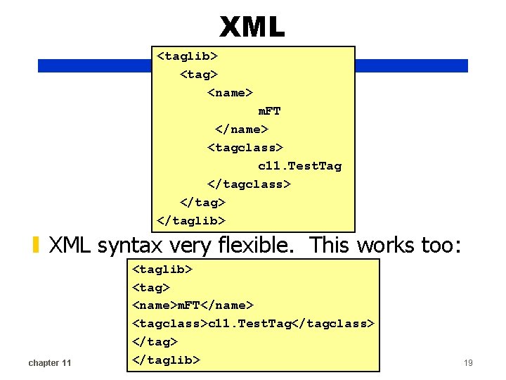 XML <taglib> <tag> <name> m. FT </name> <tagclass> c 11. Test. Tag </tagclass> </taglib>