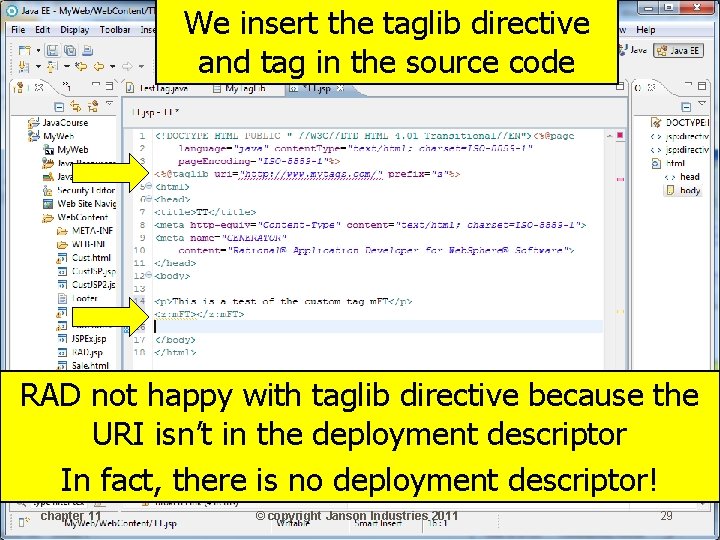 We insert the taglib directive and tag in the source code RAD not happy