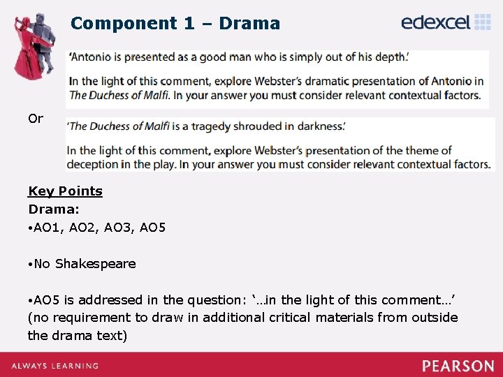 Component 1 – Drama Or Key Points Drama: • AO 1, AO 2, AO