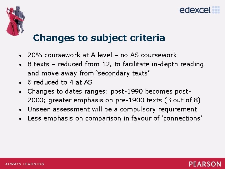 Changes to subject criteria • • • 20% coursework at A level – no Changes to subject criteria • • • 20% coursework at A level – no