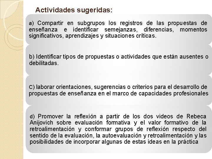 Actividades sugeridas: a) Compartir en subgrupos los registros de las propuestas de enseñanza e