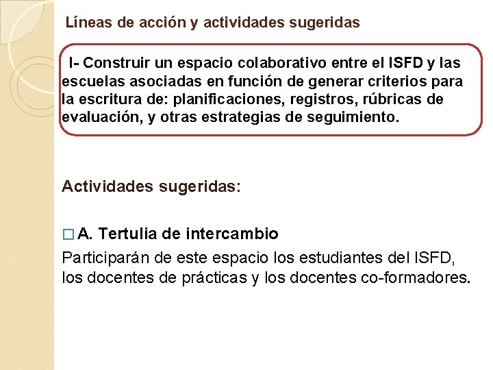 Líneas de acción y actividades sugeridas I- Construir un espacio colaborativo entre el ISFD