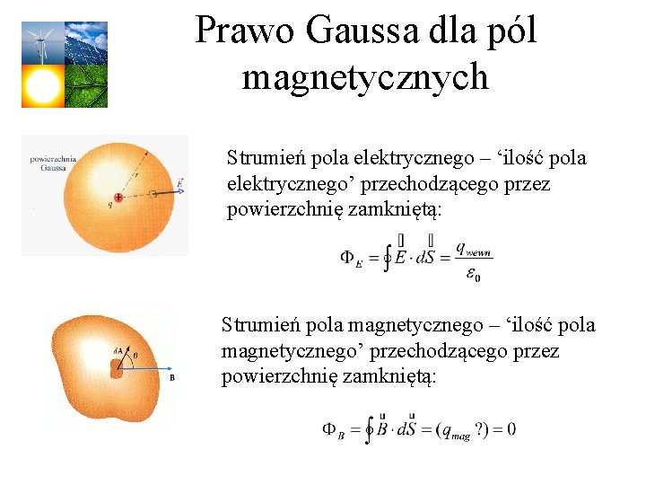 Prawo Gaussa dla pól magnetycznych Strumień pola elektrycznego – ‘ilość pola elektrycznego’ przechodzącego przez