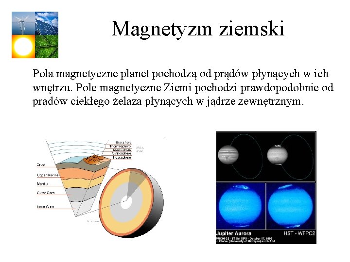 Magnetyzm ziemski Pola magnetyczne planet pochodzą od prądów płynących w ich wnętrzu. Pole magnetyczne