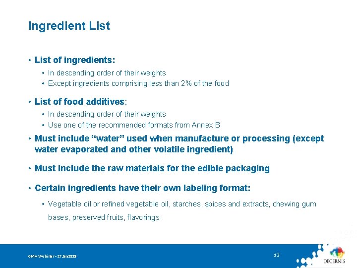 Ingredient List • List of ingredients: • In descending order of their weights •