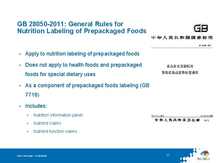 GB 28050 -2011: General Rules for Nutrition Labeling of Prepackaged Foods • Apply to