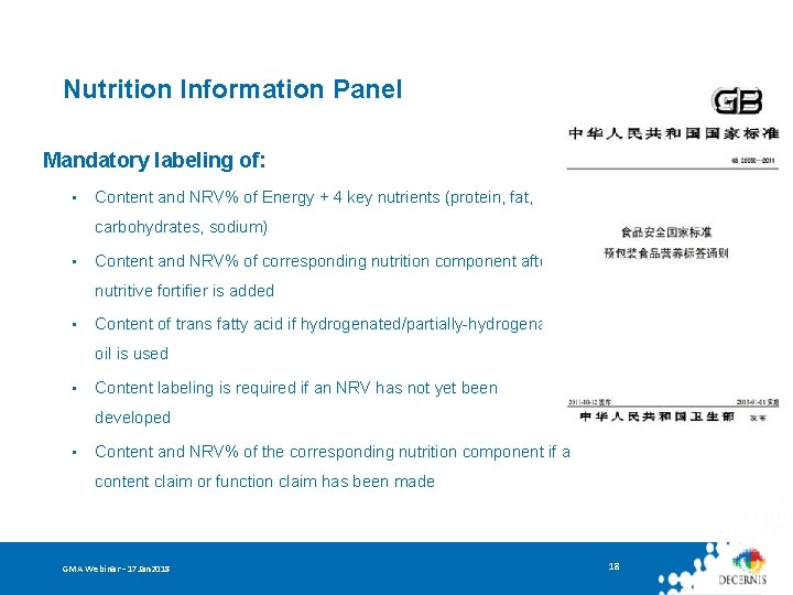 Nutrition Information Panel Mandatory labeling of: • Content and NRV% of Energy + 4