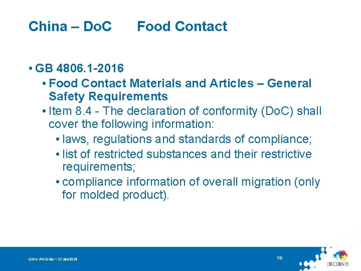 China – Do. C Food Contact • GB 4806. 1 -2016 • Food Contact