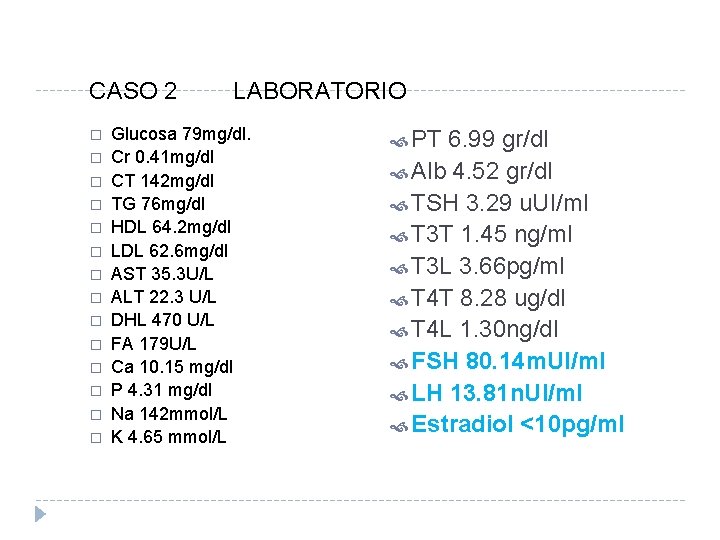 CASO 2 � � � � LABORATORIO Glucosa 79 mg/dl. Cr 0. 41 mg/dl