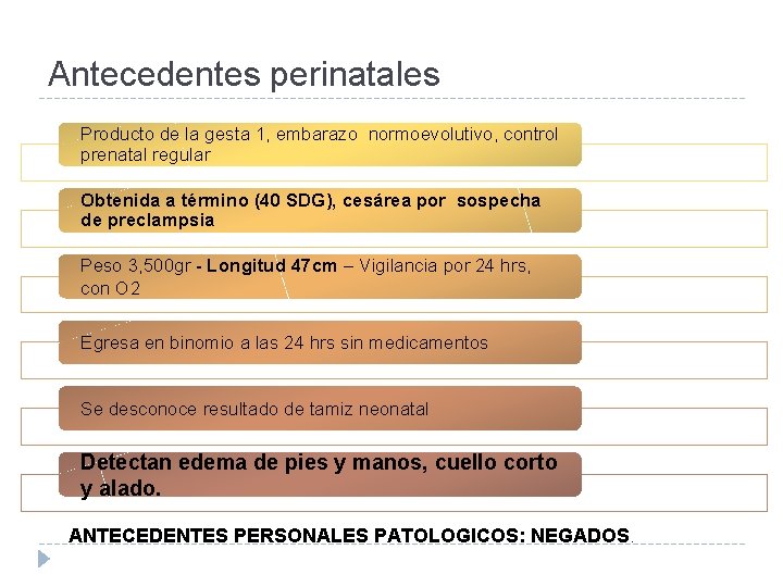 Antecedentes perinatales Producto de la gesta 1, embarazo normoevolutivo, control prenatal regular Obtenida a