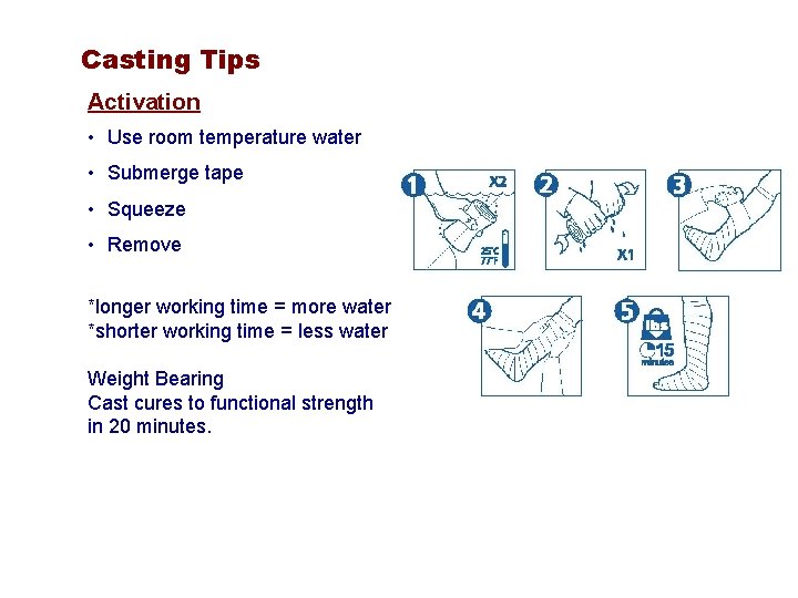 Casting Tips Activation • Use room temperature water • Submerge tape • Squeeze •