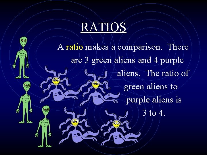 RATIOS A ratio makes a comparison. There are 3 green aliens and 4 purple