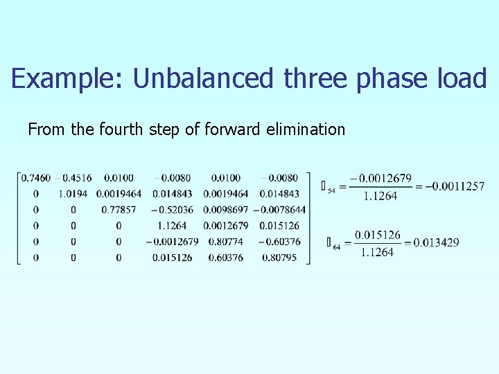 Example: Unbalanced three phase load From the fourth step of forward elimination 