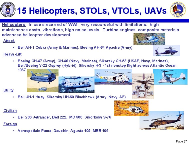 15 Helicopters, STOLs, VTOLs, UAVs Helicopters - In use since end of WWII, very 15 Helicopters, STOLs, VTOLs, UAVs Helicopters - In use since end of WWII, very