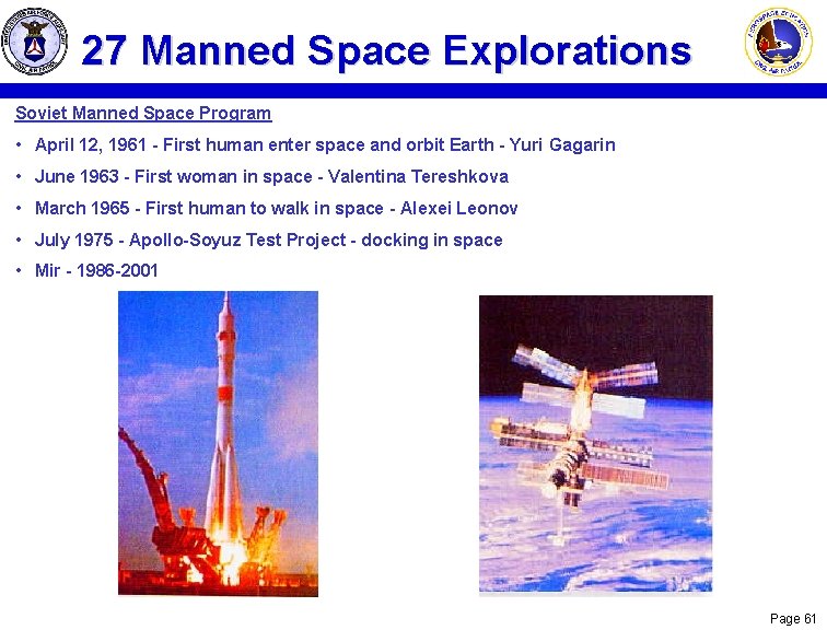 27 Manned Space Explorations Soviet Manned Space Program • April 12, 1961 - First 27 Manned Space Explorations Soviet Manned Space Program • April 12, 1961 - First