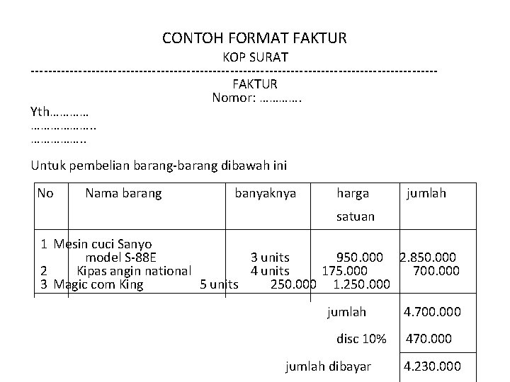 CONTOH FORMAT FAKTUR KOP SURAT -----------------------------------------------FAKTUR Nomor: …………. Yth………………. . Untuk pembelian barang-barang dibawah CONTOH FORMAT FAKTUR KOP SURAT -----------------------------------------------FAKTUR Nomor: …………. Yth………………. . Untuk pembelian barang-barang dibawah