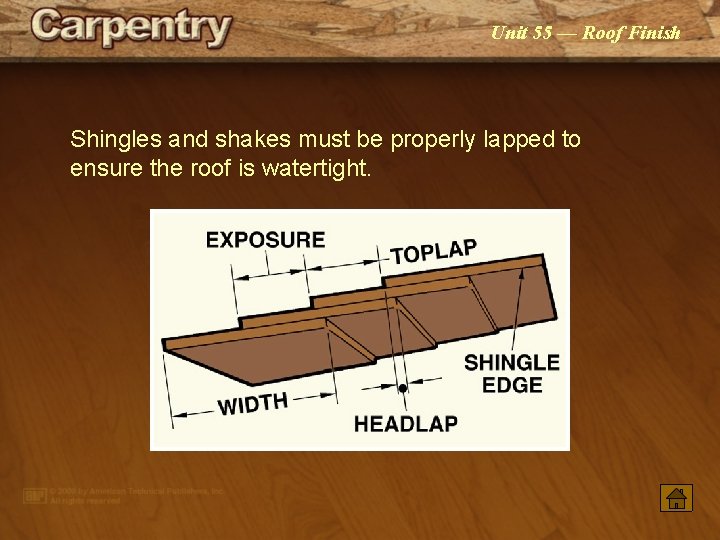 Unit 55 — Roof Finish Shingles and shakes must be properly lapped to ensure