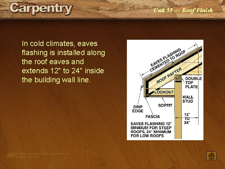 Unit 55 — Roof Finish In cold climates, eaves flashing is installed along the