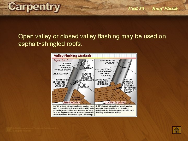 Unit 55 — Roof Finish Open valley or closed valley flashing may be used