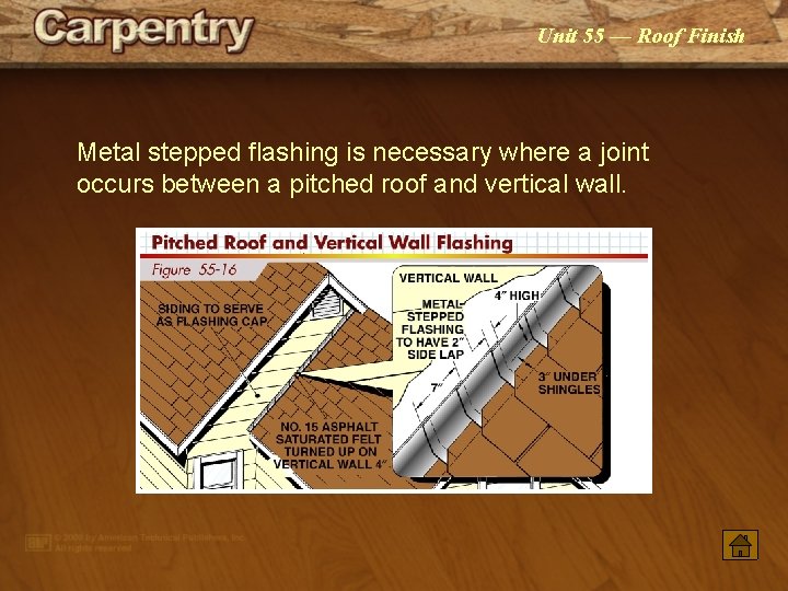 Unit 55 — Roof Finish Metal stepped flashing is necessary where a joint occurs Unit 55 — Roof Finish Metal stepped flashing is necessary where a joint occurs