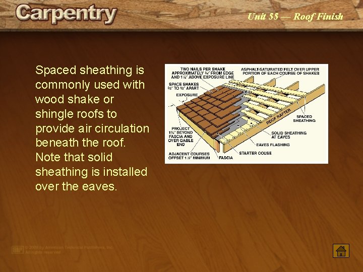 Unit 55 — Roof Finish Spaced sheathing is commonly used with wood shake or