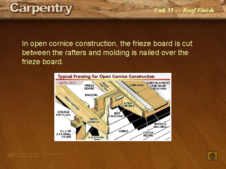 Unit 55 — Roof Finish In open cornice construction, the frieze board is cut