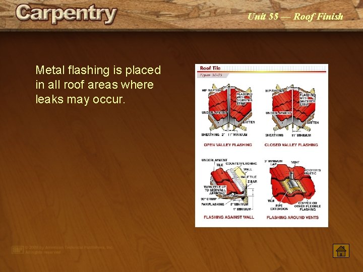 Unit 55 — Roof Finish Metal flashing is placed in all roof areas where Unit 55 — Roof Finish Metal flashing is placed in all roof areas where