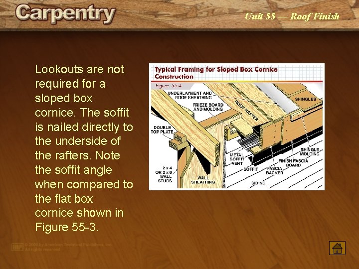 Unit 55 — Roof Finish Lookouts are not required for a sloped box cornice.