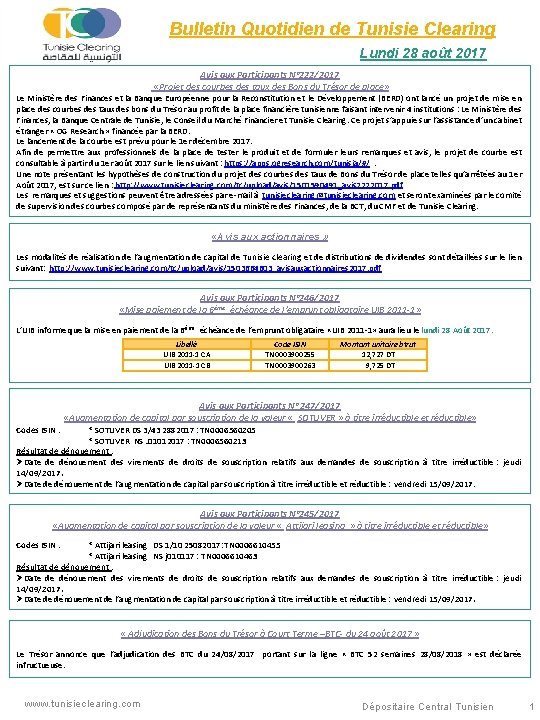 Bulletin Quotidien de Tunisie Clearing Lundi 28 août 2017 Avis aux Participants N° 222/2017